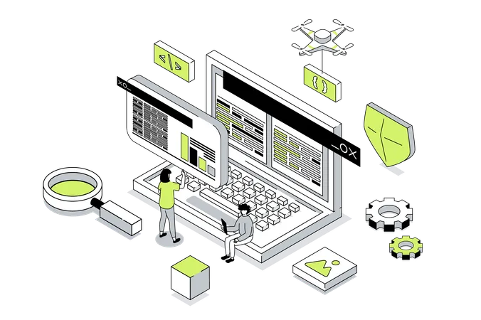 Menschen, die mit Code am Laptop-Bildschirm arbeiten,  Illustration