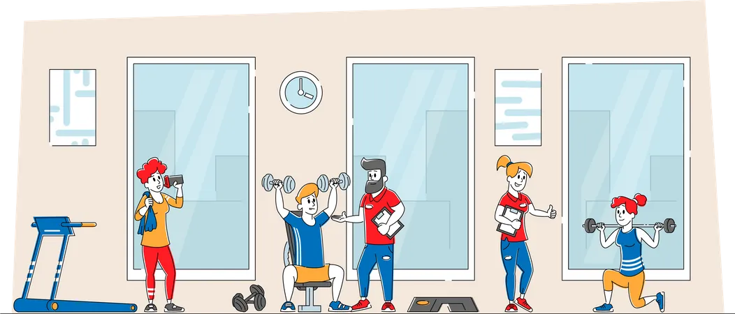 Menschen, die im Fitnessstudio mit Trainer trainieren  Illustration