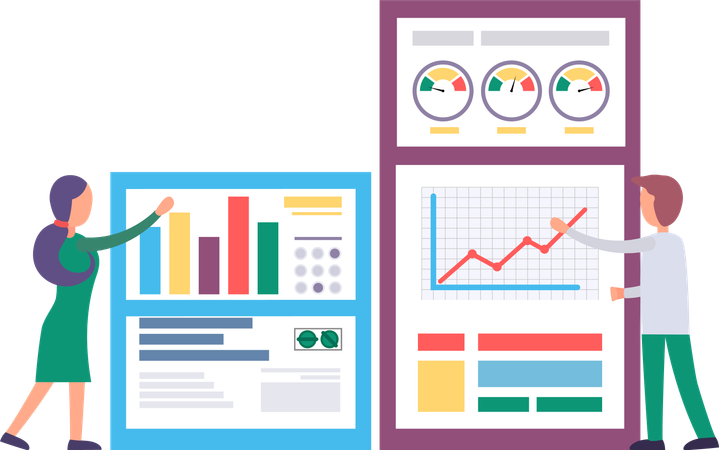 Personen, die mit Graph Report an Bord arbeiten  Illustration