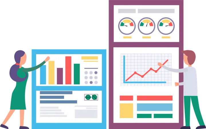 Personen, die mit Graph Report an Bord arbeiten  Illustration