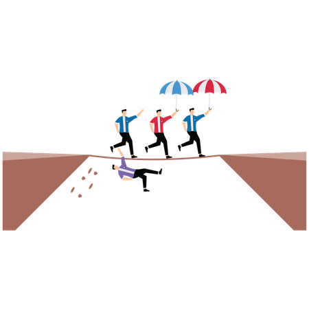 Menschen, die mit Regenschirm auf dem Seil balancieren vs. Menschen, die ohne Regenschirm auf dem Seil balancieren  Illustration