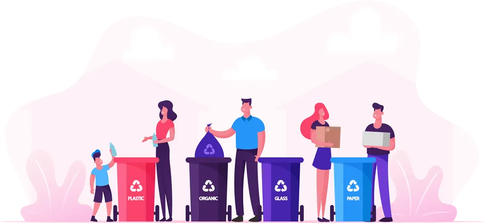 Menschen recyceln Müll in verschiedenen Müllcontainern  Illustration