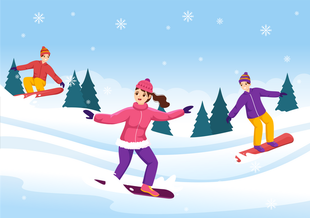 Leute, die Spaß am Snowboarden haben  Illustration