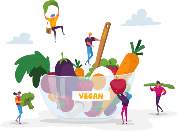 Menschen essen aus einer gesunden veganen Schüssel  Illustration