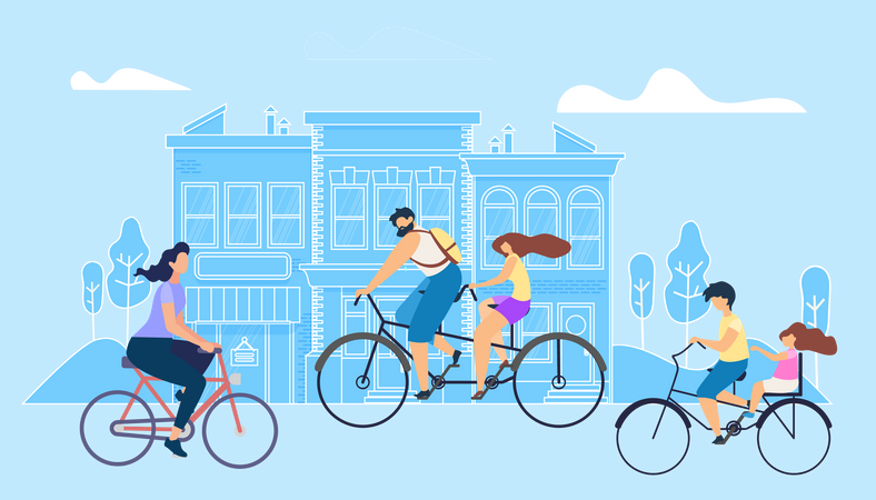 Menschen fahren am Wochenende Fahrrad in der Stadt  Illustration