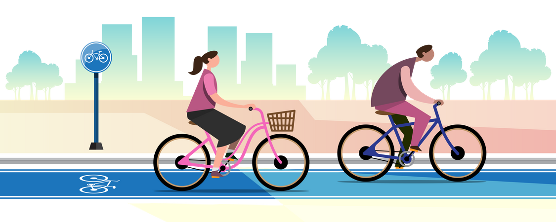 Menschen fahren Fahrrad auf dem Radweg  Illustration