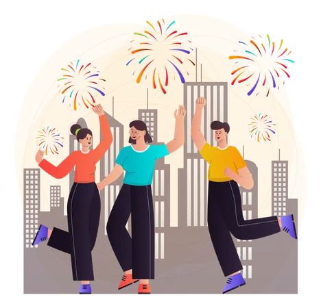 Menschen feiern mit Feuerwerk  Illustration