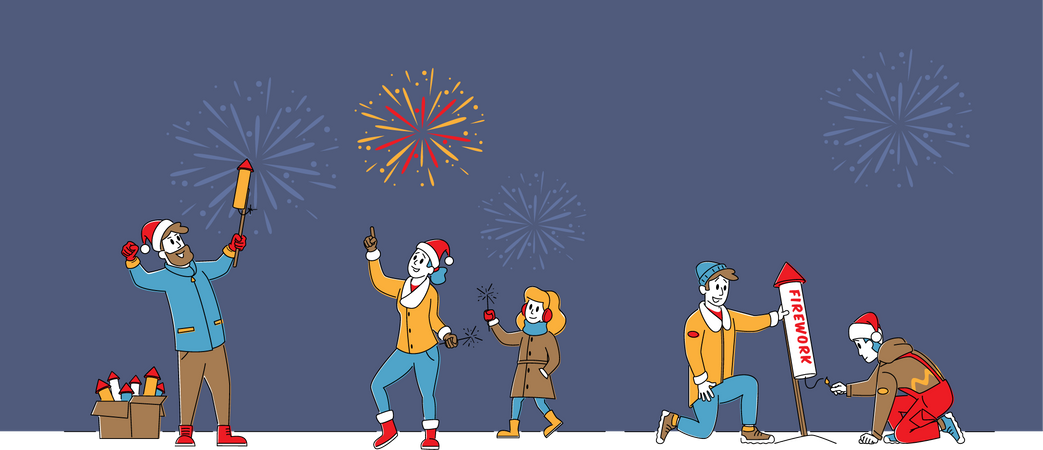 Menschen feiern mit Feuerwerk  Illustration