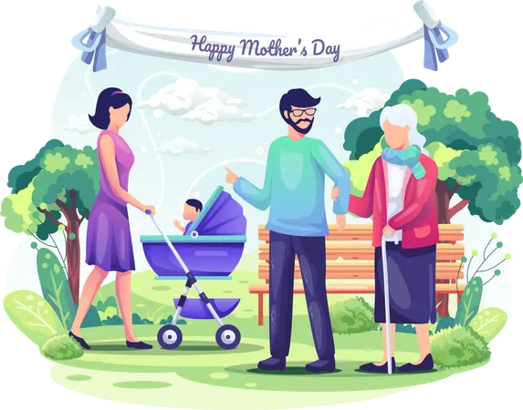 Die Leute Feiern Den Muttertag Mit Ihren Kindern Und Ihrer Familie Bei Einem Spaziergang Im Park Flache Vektorillustration Illustration