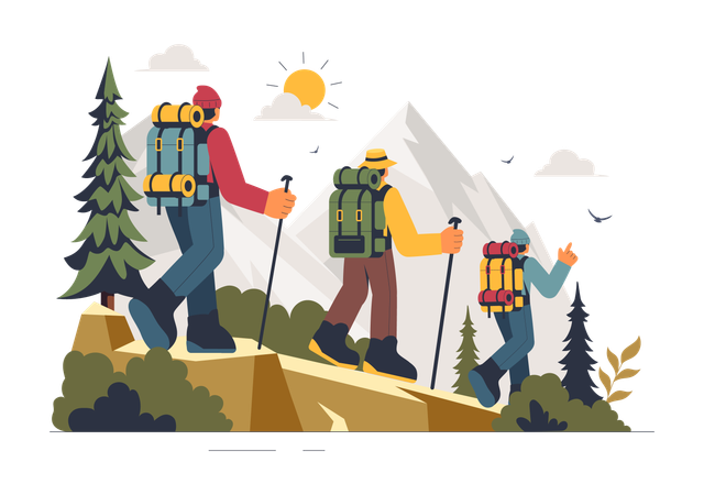 Die Leute gehen zum Bergcamping  Illustration