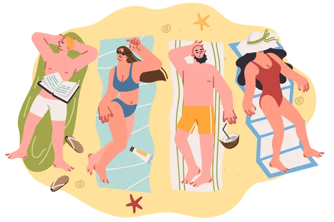 Leute genießen gemeinsam die Sommerferien auf einer tropischen Insel  Illustration