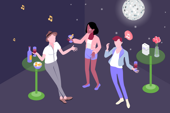 Die Leute genießen die Party mit Tanz und einem Drink in der Hand  Illustration