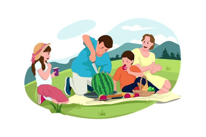 Menschen genießen Wassermelone beim Picknick  Illustration