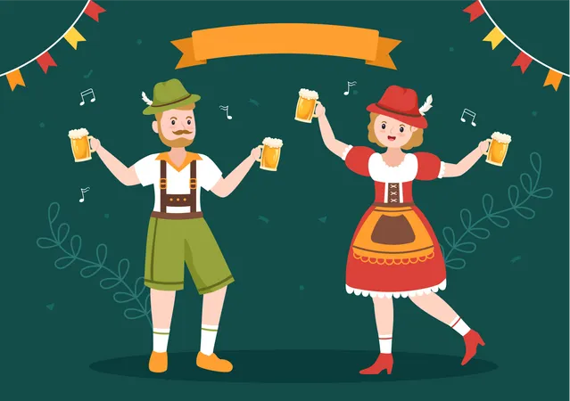 Menschen halten Biergläser in der Hand und tanzen auf dem Oktoberfest  Illustration