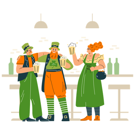 Menschen in grüner traditioneller irischer Tracht halten einen Krug Bier  Illustration