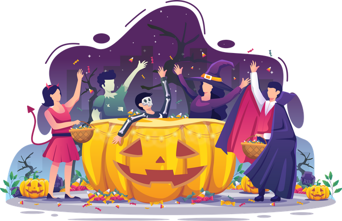 Menschen in Halloweenkostümen sammeln in der Halloweennacht Süßigkeiten  Illustration