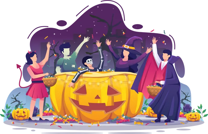 Menschen in Halloweenkostümen sammeln in der Halloweennacht Süßigkeiten  Illustration