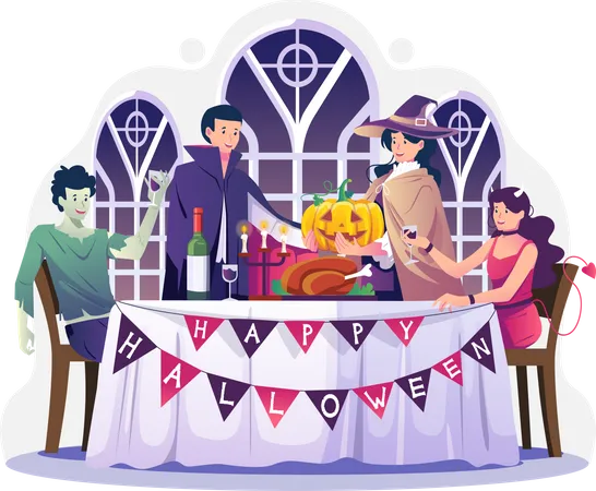 Menschen in Kostümen haben in der Halloween-Nacht ein Abendessen auf dem Tisch  Illustration