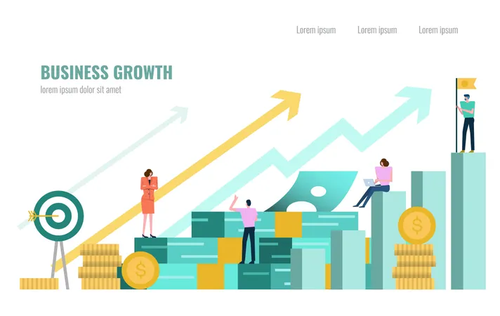 Menschen, Investor und Büroangestellter, Sekretär, der auf einem Stapel Geld steht, Geschäftswachstumskonzept  Illustration