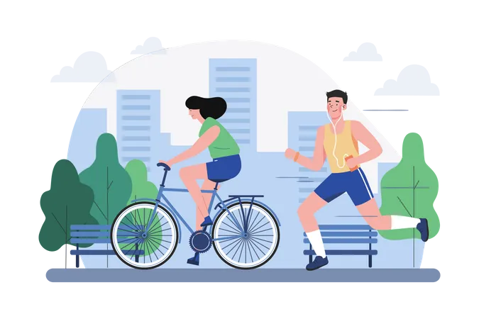 Leute, Joggen, Und, Radfahren, In, Park  Illustration