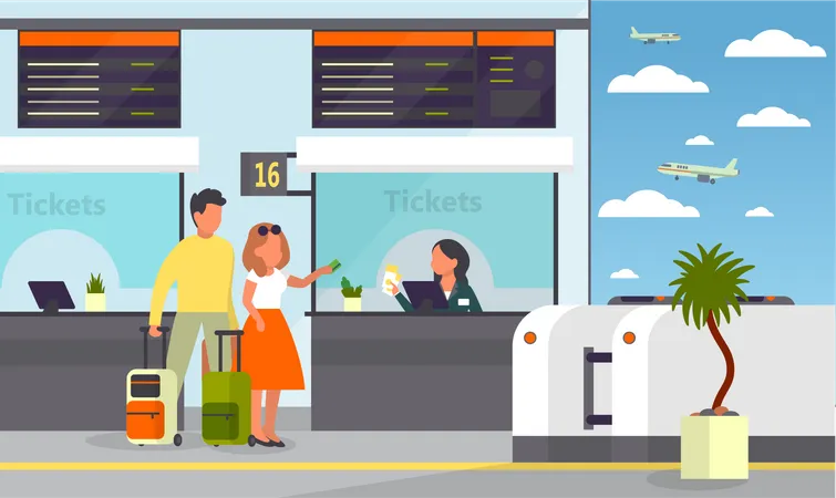 Personen, die am Ticketschalter ein Flugticket kaufen  Illustration