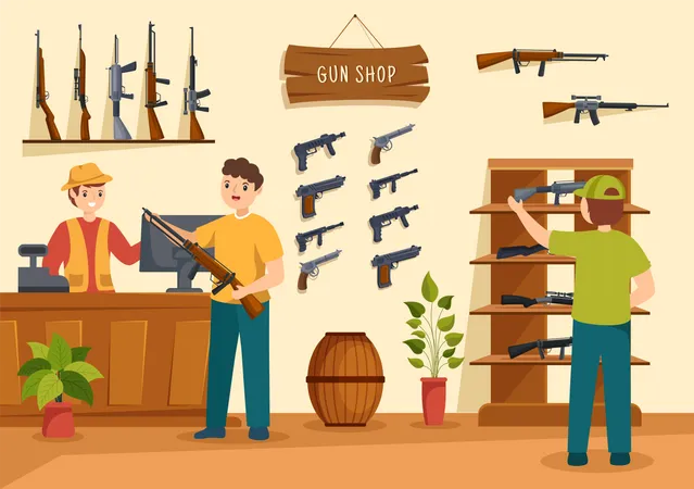 Menschen kaufen Waffen im Waffenladen  Illustration