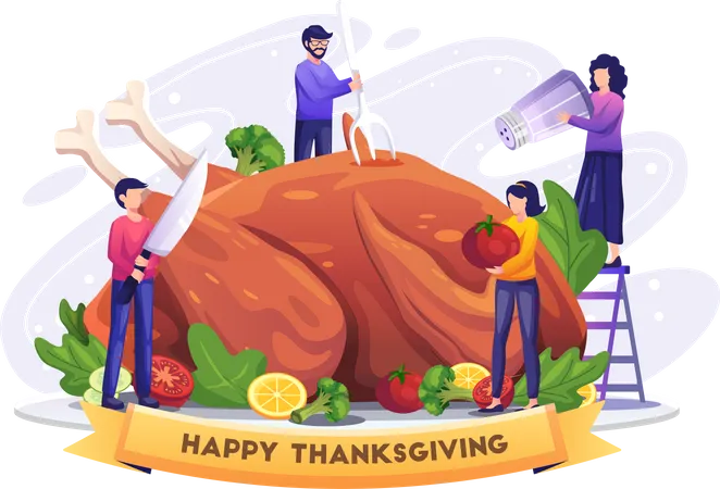 Menschen kochen und genießen Truthahn an Thanksgiving  Illustration