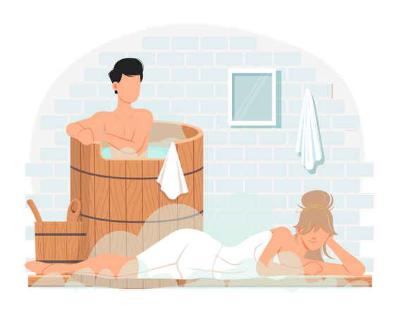 Die Leute kommunizieren und ruhen sich in der Sauna aus. Mann sitzt in Holztaufe mit heißem Wasser  Illustration