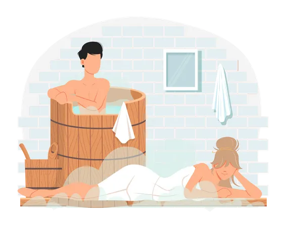 Die Leute kommunizieren und ruhen sich in der Sauna aus. Mann sitzt in Holztaufe mit heißem Wasser  Illustration