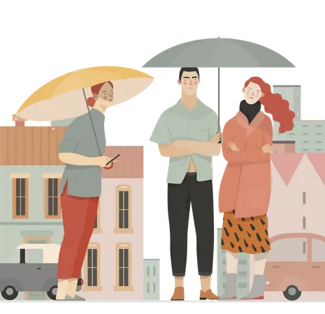 Menschen gehen im Regen mit Regenschirm  Illustration