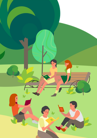 Menschen lesen Buch im Garten  Illustration