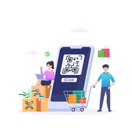 Menschen, die beim digitalen Einkaufen Barcodes scannen  Illustration