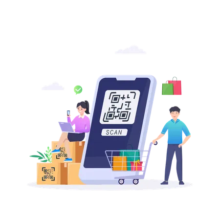 Menschen, die beim digitalen Einkaufen Barcodes scannen  Illustration