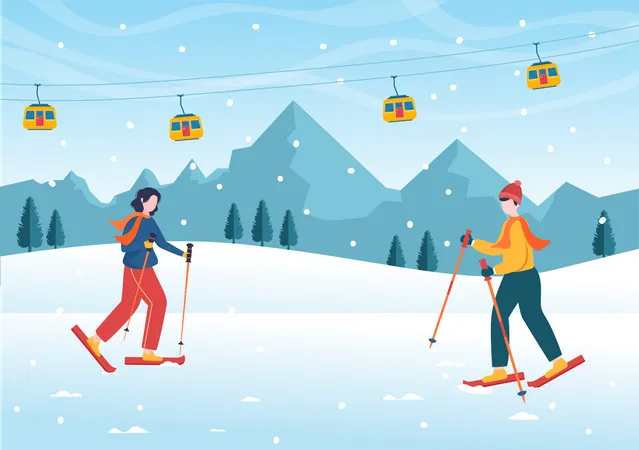 Menschen beim Eis-Snowboarden im Winterwald  Illustration