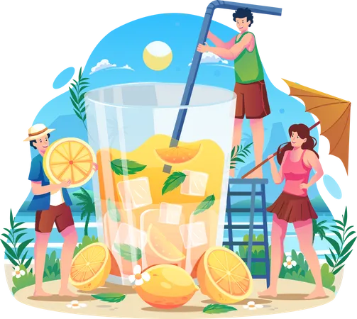 Menschen mit einem riesigen Cocktail Sommer trinken  Illustration