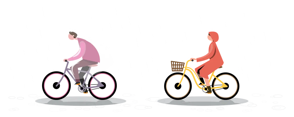 Menschen pendeln bei Regen und fahren Fahrrad  Illustration