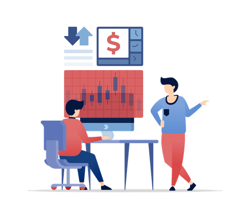 Menschen prüfen und diskutieren Anlageaktien und Bankstrategien an Arbeitstischen  Illustration