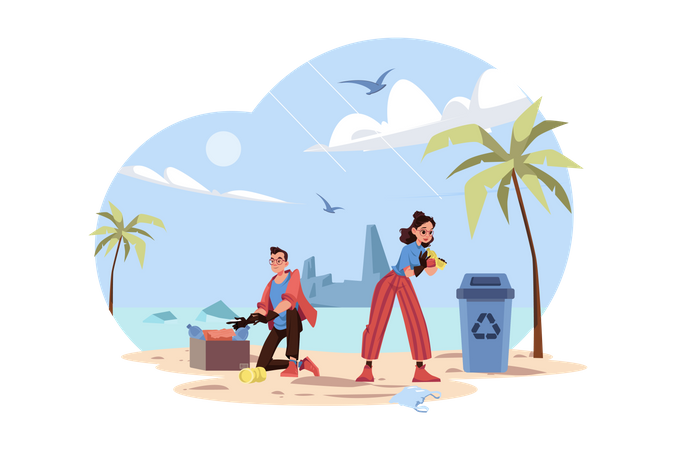 Menschen räumen Müll am Strand weg  Illustration