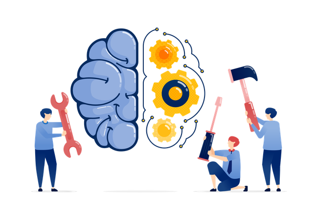 Menschen reparieren KI-Gehirnmechanismus mit Werkzeugen  Illustration