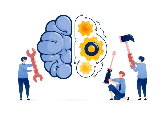 Menschen reparieren KI-Gehirnmechanismus mit Werkzeugen  Illustration