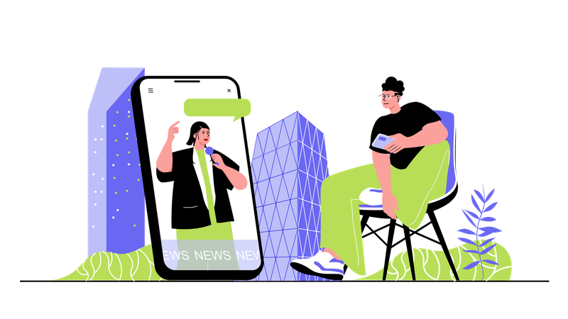 Leute, die Nachrichten auf einem Videokanal in einer App ansehen, Journalist mit Mikrofon, der Reportagen für eine Fernsehsendung macht  Illustration