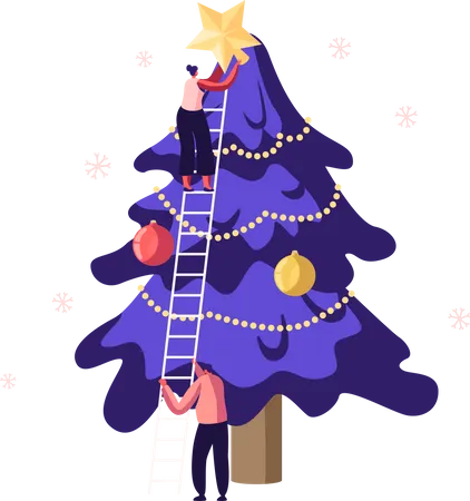 Leute schmücken Weihnachtsbaum  Illustration