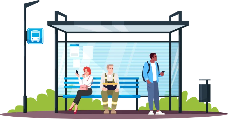 Leute sitzen am Busbahnhof  Illustration