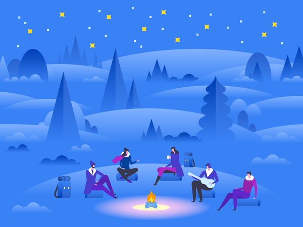 Leute sitzen im Lager im Winterwald  Illustration