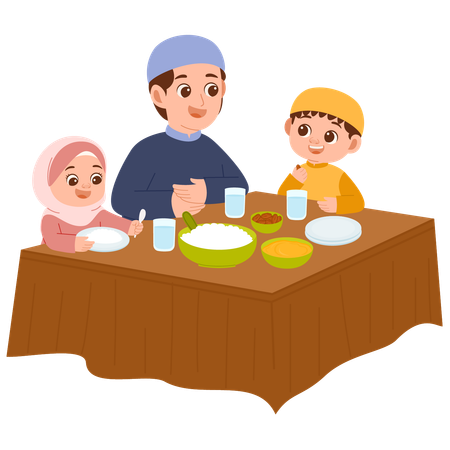 Während des Ramadan sitzen die Menschen zusammen zum Abendessen  Illustration