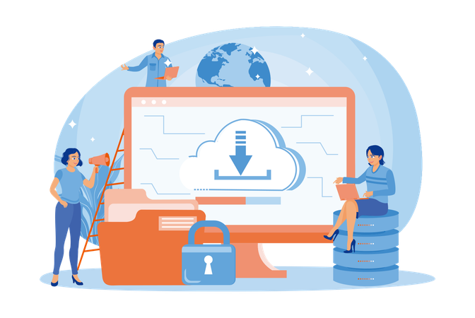 Menschen speichern Daten auf Cloud-Servern und laden Informationsdaten auf den Computer hoch  Illustration