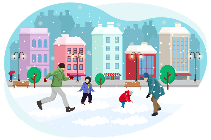 Menschen spielen im Schneefall  Illustration