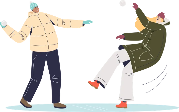 Menschen spielen im Winter mit Schneebällen  Illustration