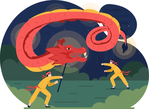 Leute, die mit chinesischen Drachen spielen  Illustration