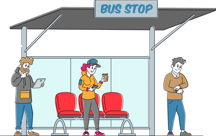 Leute stehen am Busbahnhof  Illustration